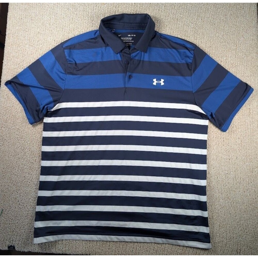 Under Armour Playoff Polo Golf Shirt Large Blue Navy White Striped Loose Fit
